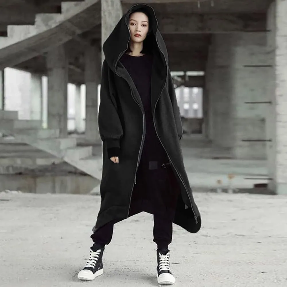 Janepam Women Windbreaker Long Hoodie Oversized Jacket Pocket Solid Color Zip-up Baggy Maxi-Length Outerwear Streetwear