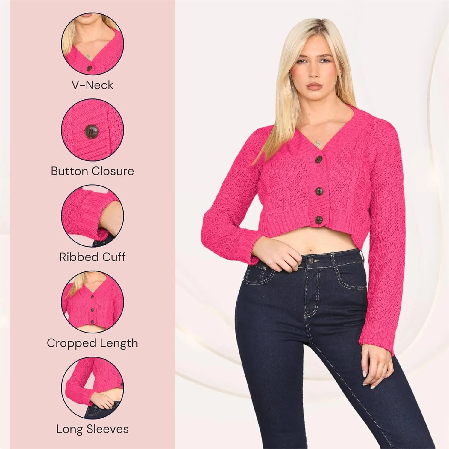 Janisramone Womens Cable Knitted Cardigan, 3 Buttons Long Sleeve Top, Cropped Jumper, Ladies Party Jumpers Warm Lady Sweater