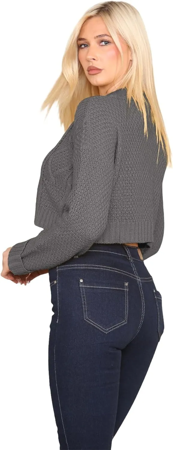 Janisramone Womens Cable Knitted Cardigan, 3 Buttons Long Sleeve Top, Cropped Jumper, Ladies Party Jumpers Warm Lady Sweater