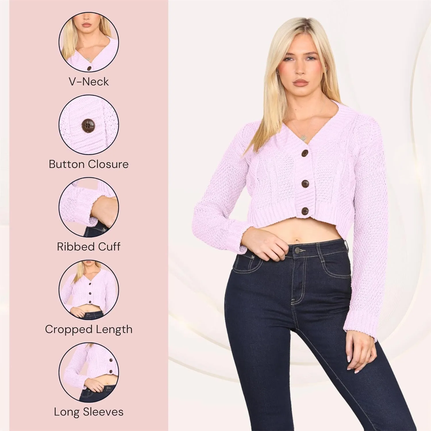 Janisramone Womens Cable Knitted Cardigan, 3 Buttons Long Sleeve Top, Cropped Jumper, Ladies Party Jumpers Warm Lady Sweater