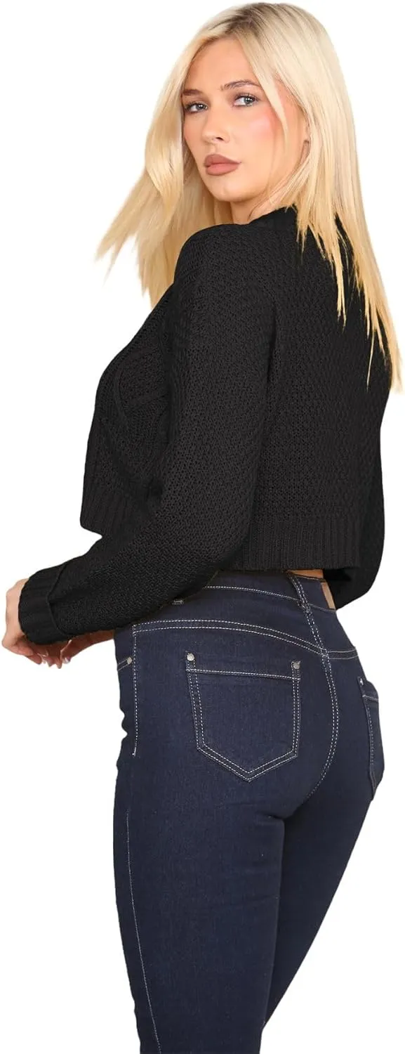 Janisramone Womens Cable Knitted Cardigan, 3 Buttons Long Sleeve Top, Cropped Jumper, Ladies Party Jumpers Warm Lady Sweater