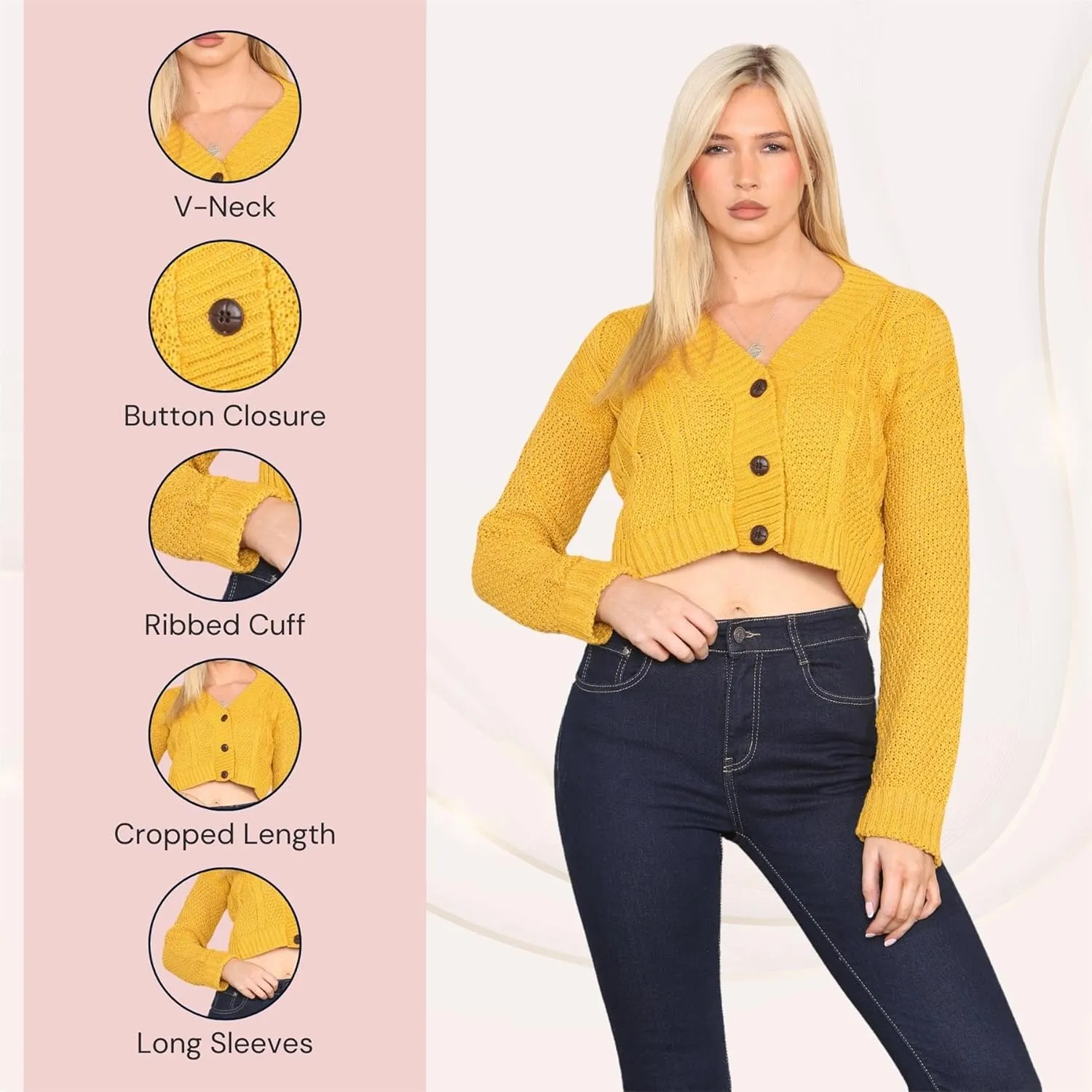 Janisramone Womens Cable Knitted Cardigan, 3 Buttons Long Sleeve Top, Cropped Jumper, Ladies Party Jumpers Warm Lady Sweater