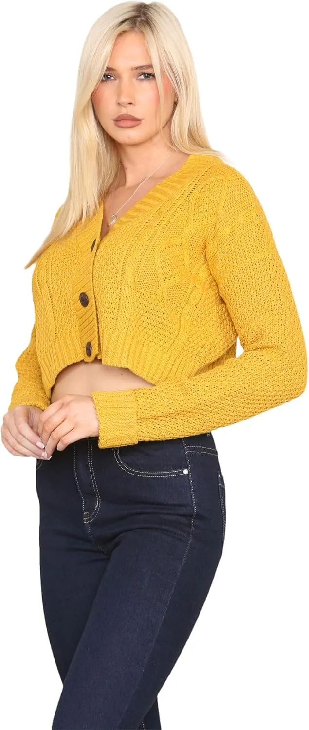 Janisramone Womens Cable Knitted Cardigan, 3 Buttons Long Sleeve Top, Cropped Jumper, Ladies Party Jumpers Warm Lady Sweater