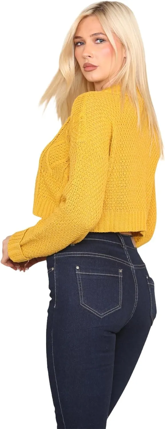 Janisramone Womens Cable Knitted Cardigan, 3 Buttons Long Sleeve Top, Cropped Jumper, Ladies Party Jumpers Warm Lady Sweater
