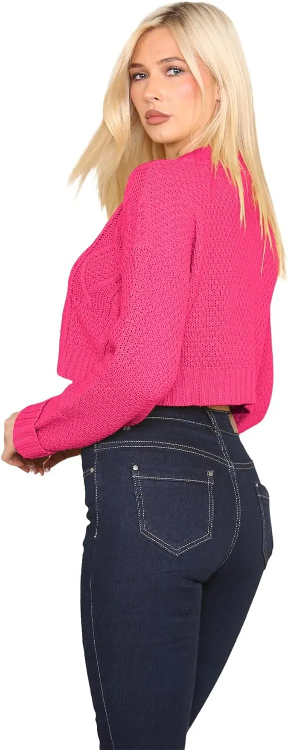 Janisramone Womens Cable Knitted Cardigan, 3 Buttons Long Sleeve Top, Cropped Jumper, Ladies Party Jumpers Warm Lady Sweater