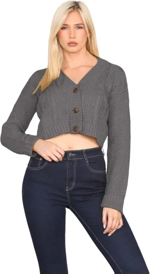 Janisramone Womens Cable Knitted Cardigan, 3 Buttons Long Sleeve Top, Cropped Jumper, Ladies Party Jumpers Warm Lady Sweater