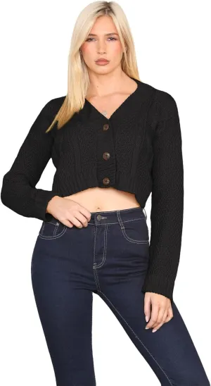 Janisramone Womens Cable Knitted Cardigan, 3 Buttons Long Sleeve Top, Cropped Jumper, Ladies Party Jumpers Warm Lady Sweater