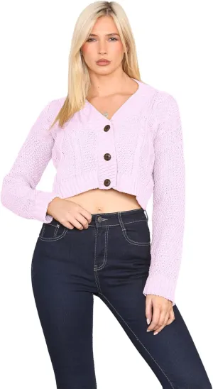 Janisramone Womens Cable Knitted Cardigan, 3 Buttons Long Sleeve Top, Cropped Jumper, Ladies Party Jumpers Warm Lady Sweater