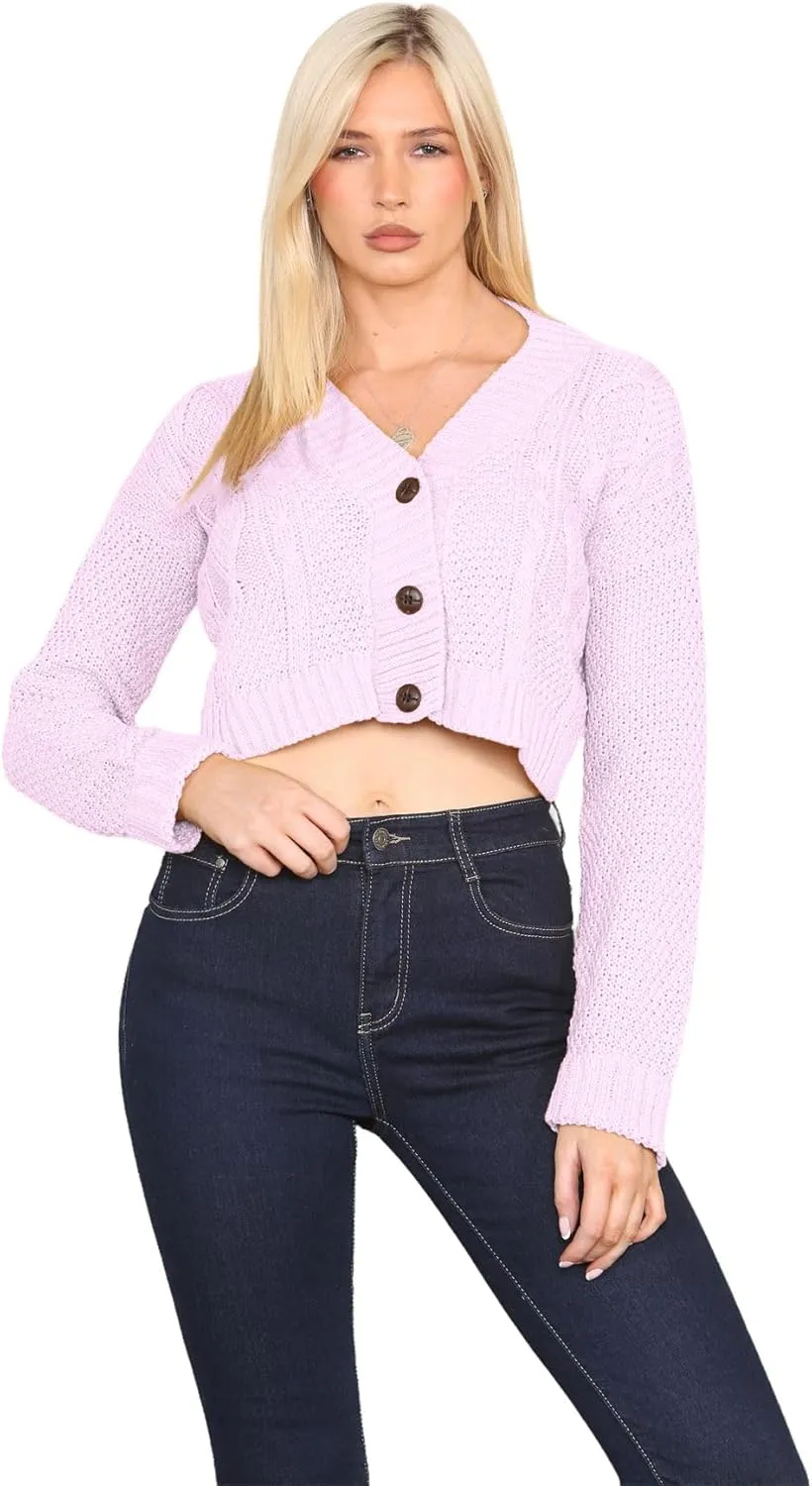 Janisramone Womens Cable Knitted Cardigan, 3 Buttons Long Sleeve Top, Cropped Jumper, Ladies Party Jumpers Warm Lady Sweater