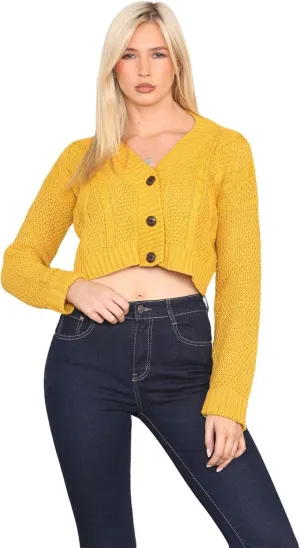 Janisramone Womens Cable Knitted Cardigan, 3 Buttons Long Sleeve Top, Cropped Jumper, Ladies Party Jumpers Warm Lady Sweater