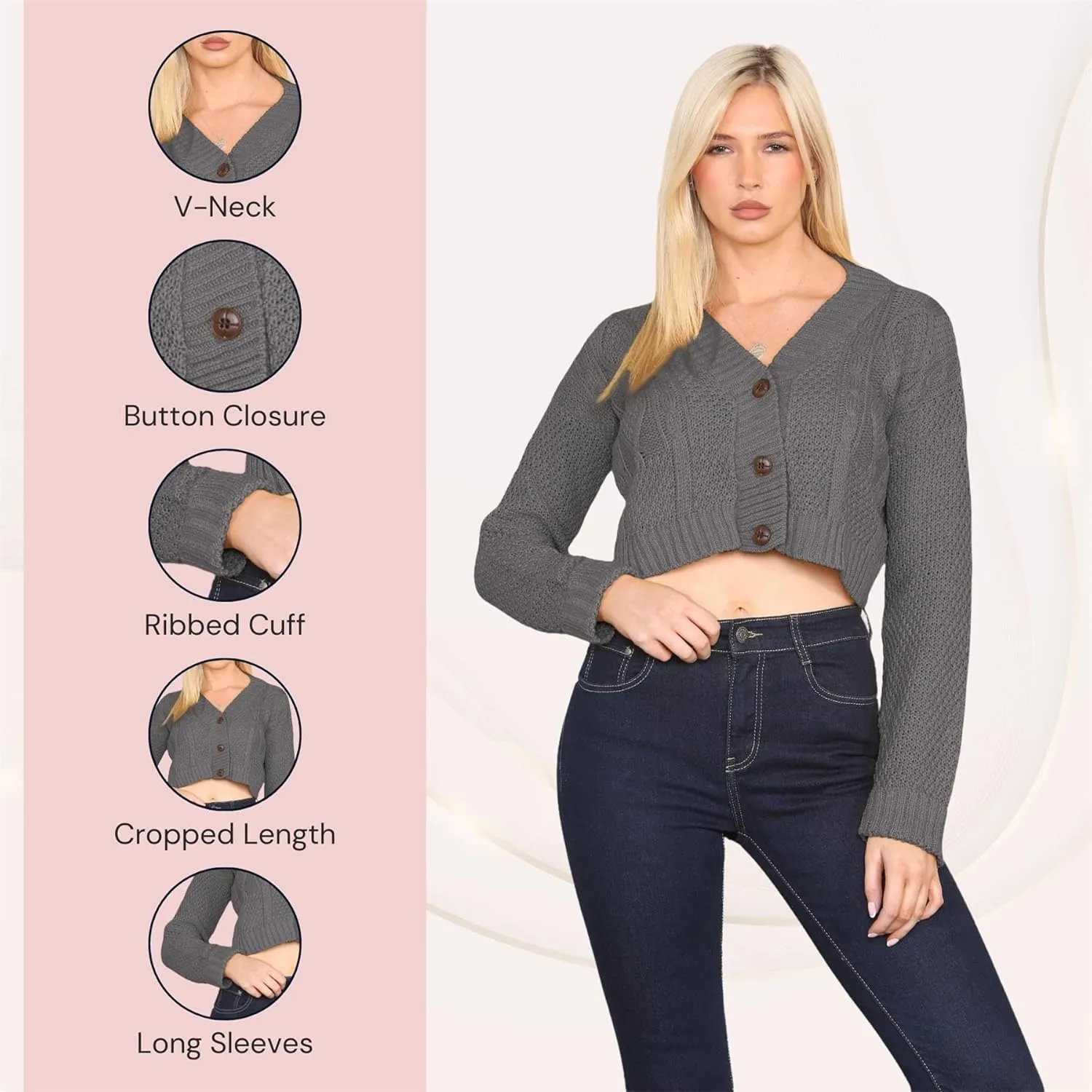 Janisramone Womens Cable Knitted Cardigan, 3 Buttons Long Sleeve Top, Cropped Jumper, Ladies Party Jumpers Warm Lady Sweater