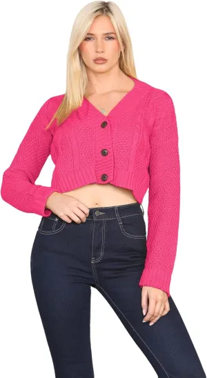 Janisramone Womens Cable Knitted Cardigan, 3 Buttons Long Sleeve Top, Cropped Jumper, Ladies Party Jumpers Warm Lady Sweater