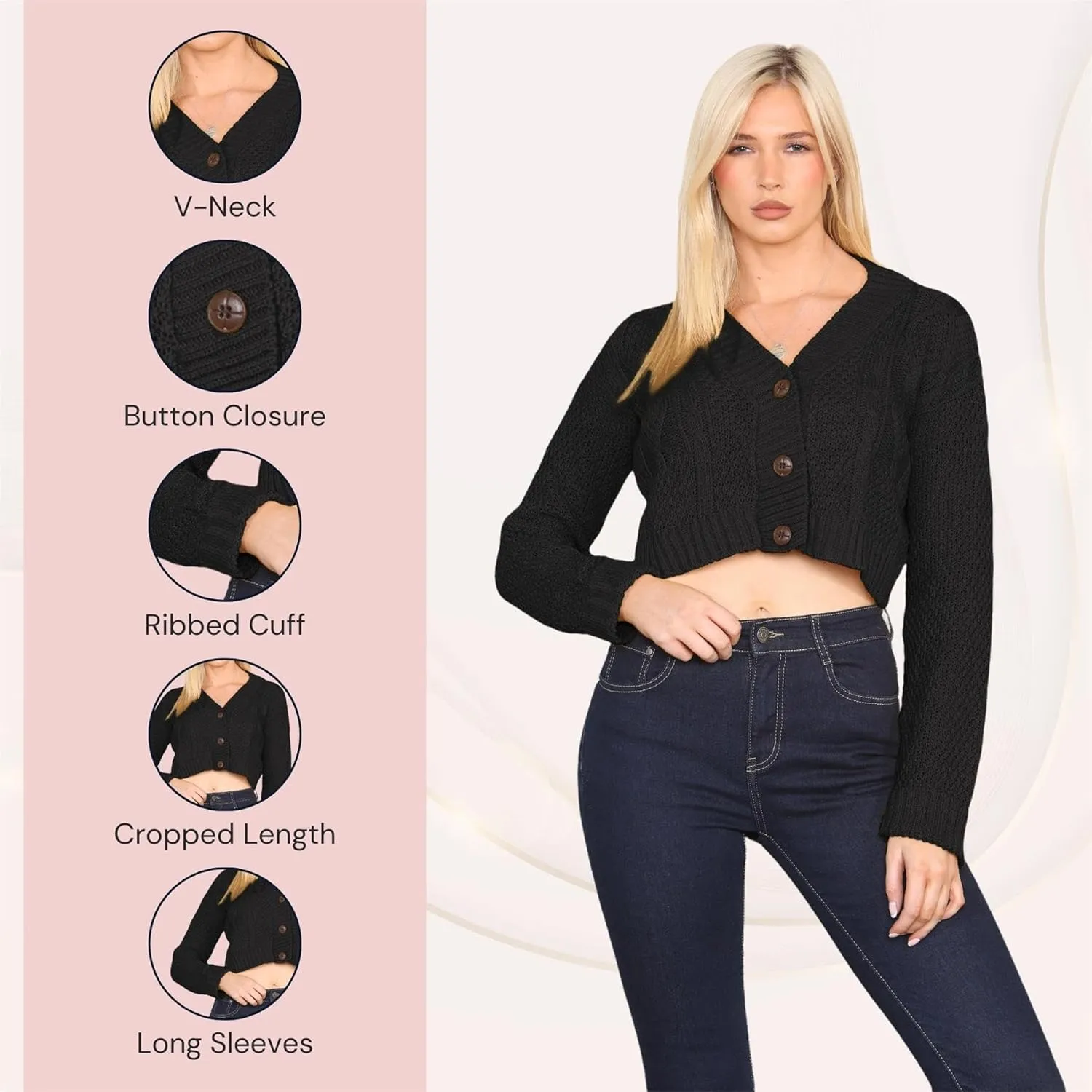 Janisramone Womens Cable Knitted Cardigan, 3 Buttons Long Sleeve Top, Cropped Jumper, Ladies Party Jumpers Warm Lady Sweater