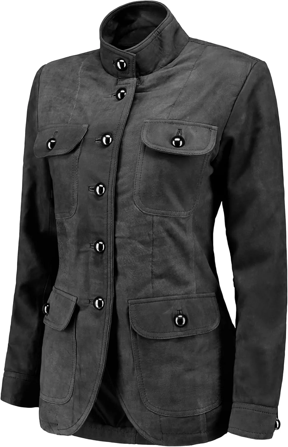 Jild Fancy 5-Button Four Pocket Double Back Slit Leather Blazer Women - Vintage Suede Look Cuff Sleeves Leather Jacket Women