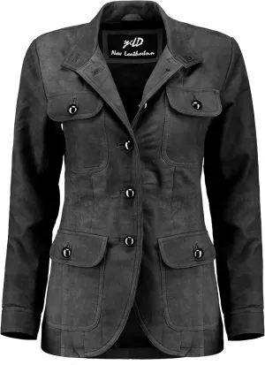 Jild Fancy 5-Button Four Pocket Double Back Slit Leather Blazer Women - Vintage Suede Look Cuff Sleeves Leather Jacket Women