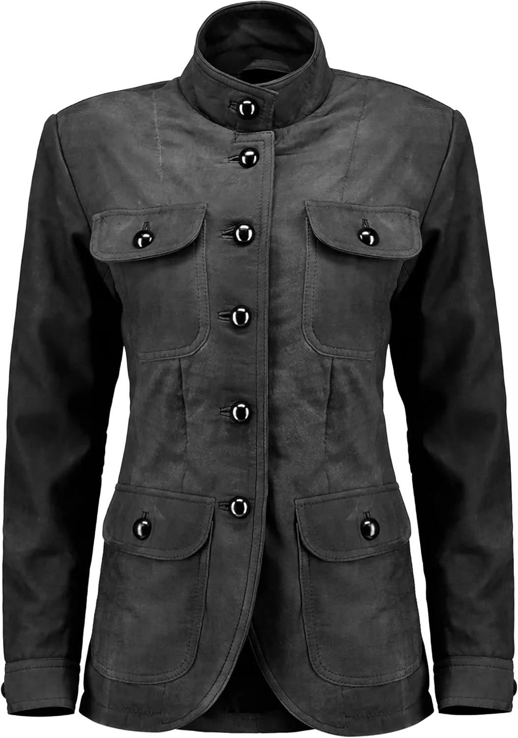 Jild Fancy 5-Button Four Pocket Double Back Slit Leather Blazer Women - Vintage Suede Look Cuff Sleeves Leather Jacket Women