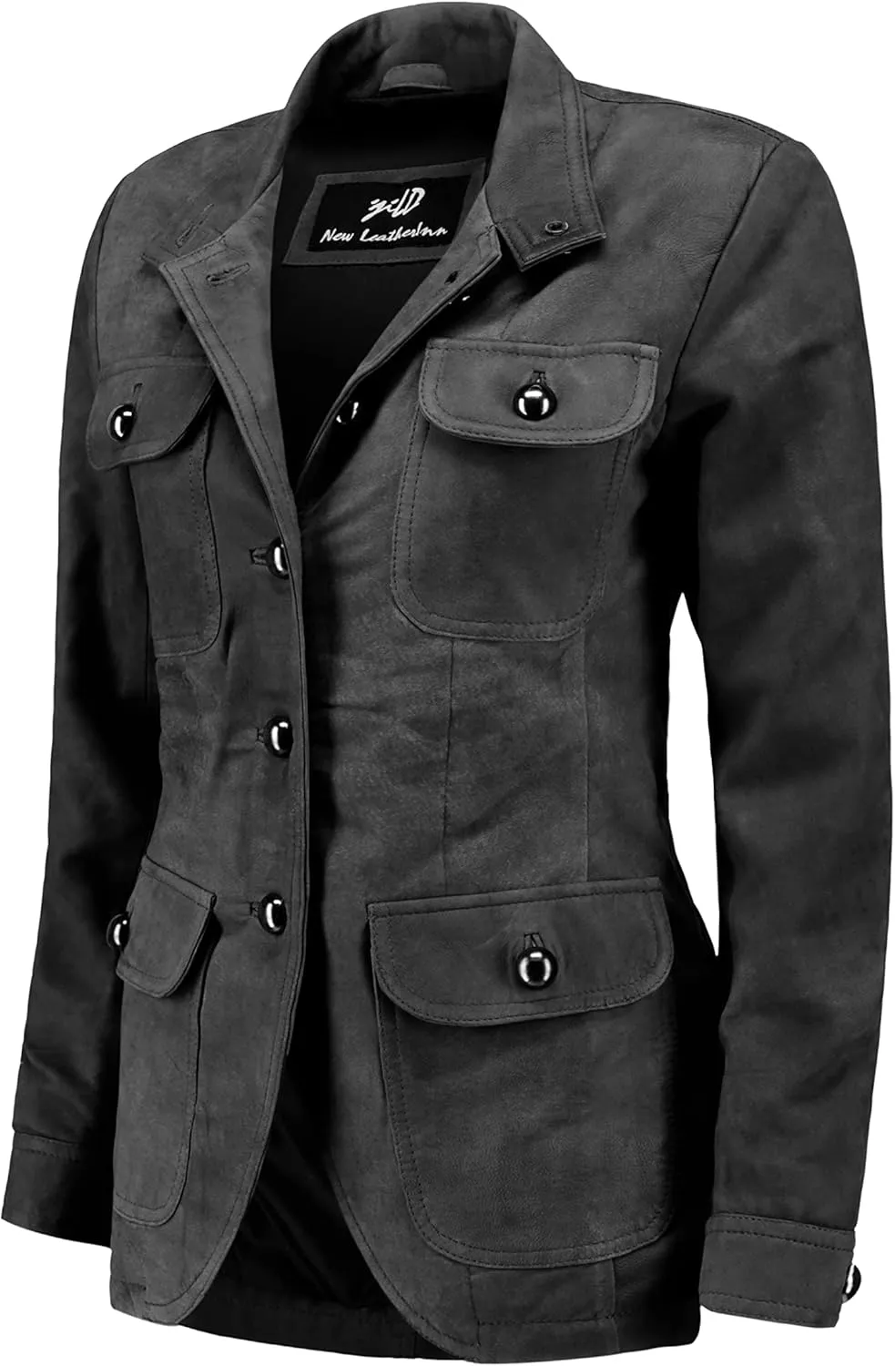 Jild Fancy 5-Button Four Pocket Double Back Slit Leather Blazer Women - Vintage Suede Look Cuff Sleeves Leather Jacket Women