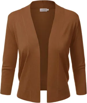 JJ Perfection Casual Crop Open Front Knit Cardigan 3/4 Sleeve Cropped Cardigan Basic Sweater Jacket for Womens with Plus Size