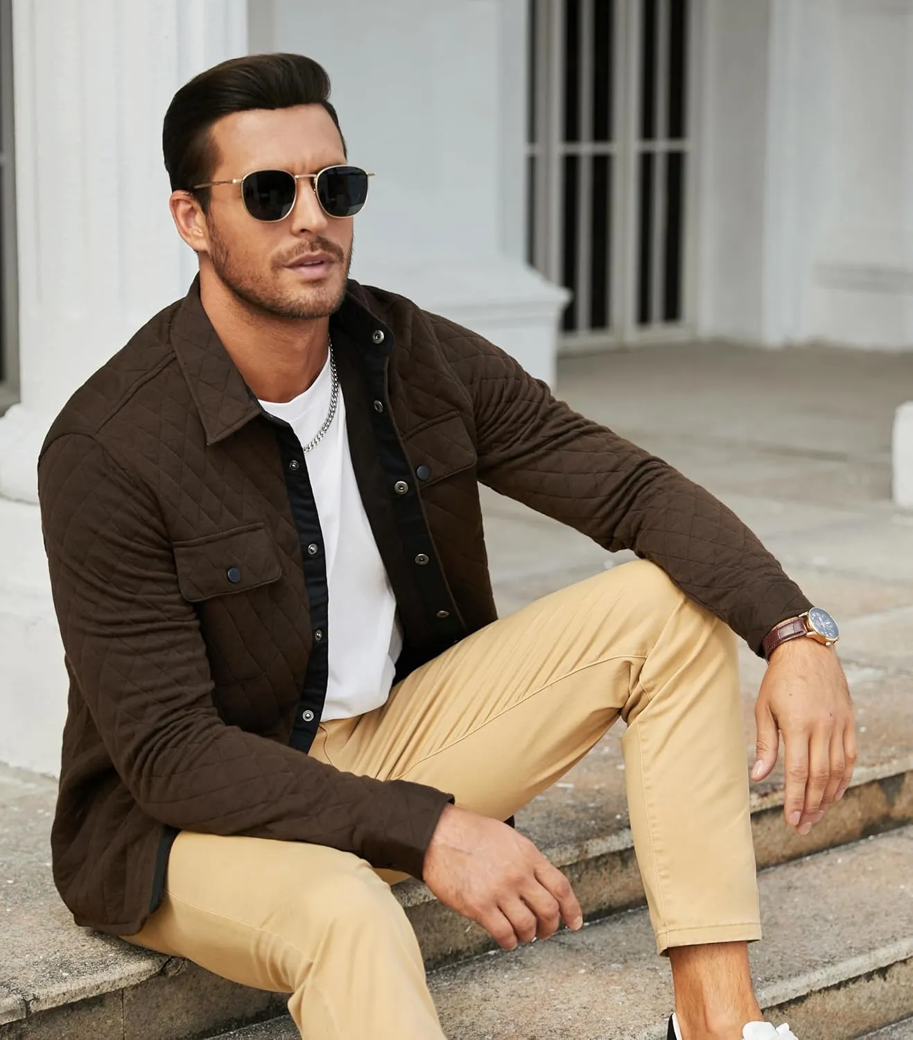 JMIERR Mens Quilted Shirt Jackets Casual Long Sleeve Snap Button Down Shirts with Pockets