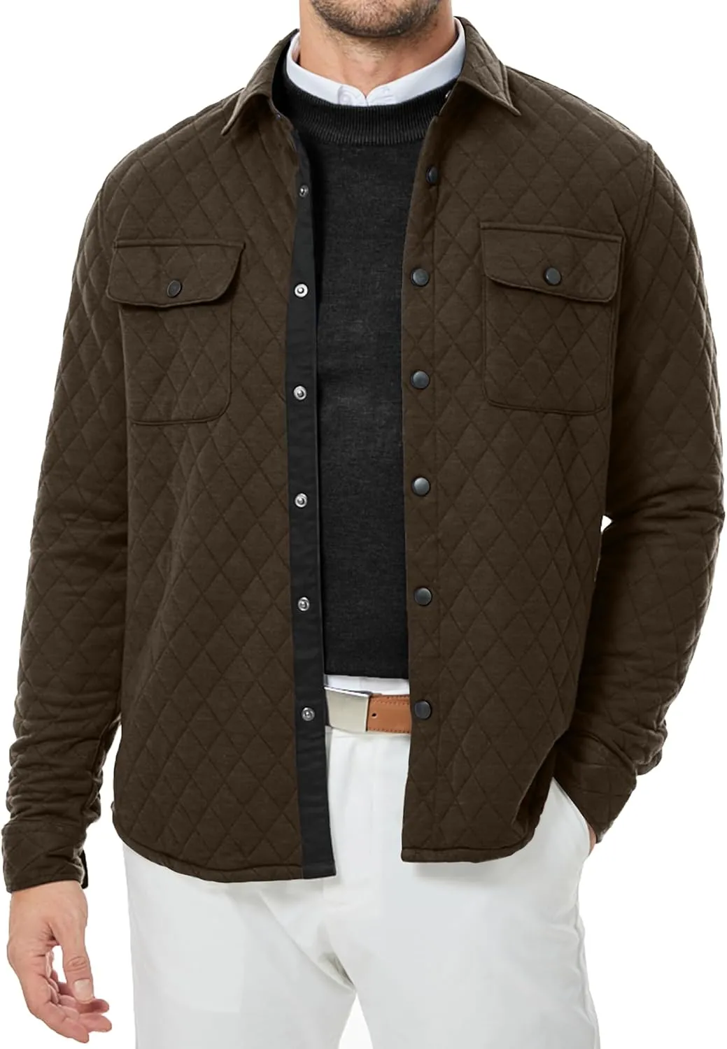 JMIERR Mens Quilted Shirt Jackets Casual Long Sleeve Snap Button Down Shirts with Pockets