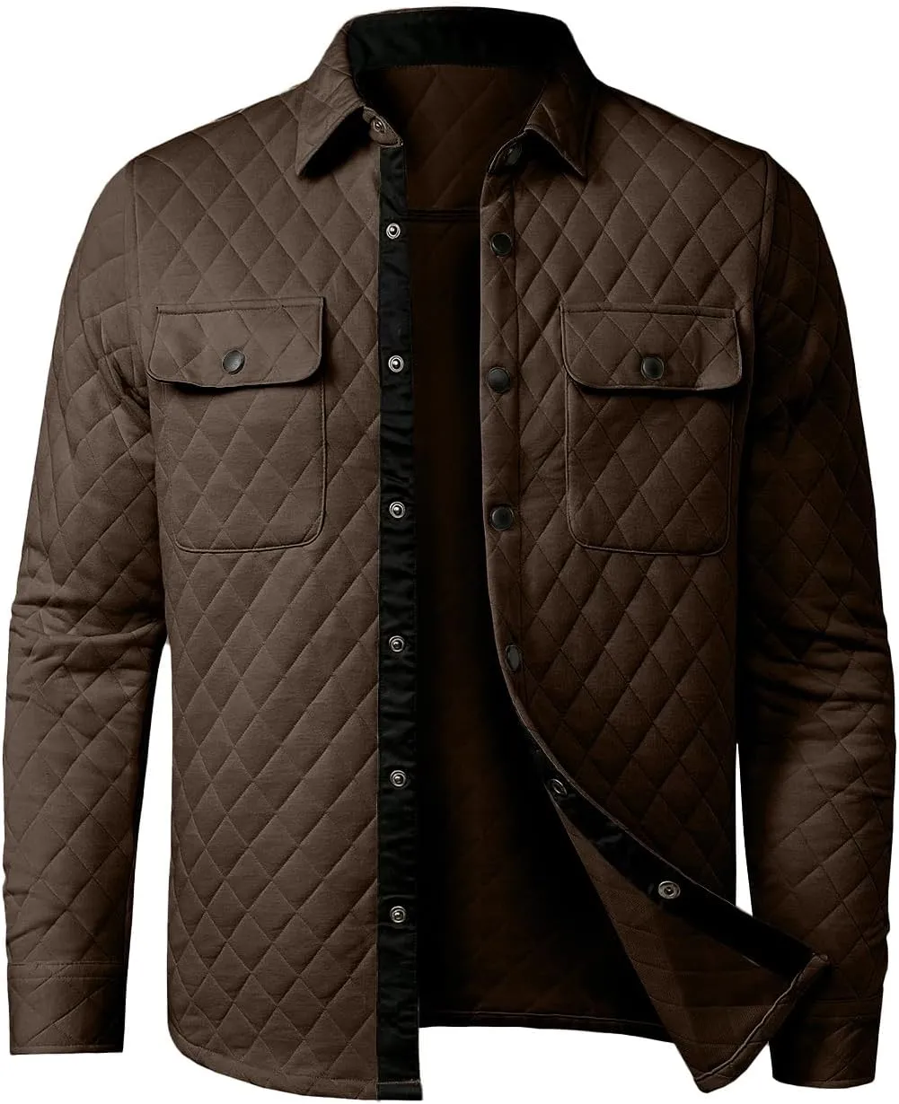 JMIERR Mens Quilted Shirt Jackets Casual Long Sleeve Snap Button Down Shirts with Pockets