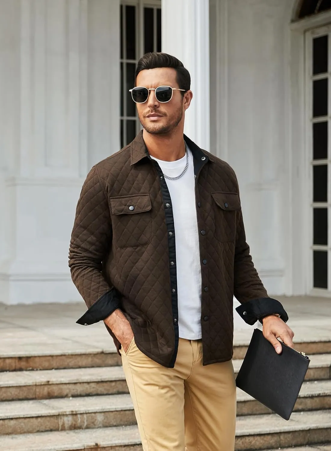JMIERR Mens Quilted Shirt Jackets Casual Long Sleeve Snap Button Down Shirts with Pockets