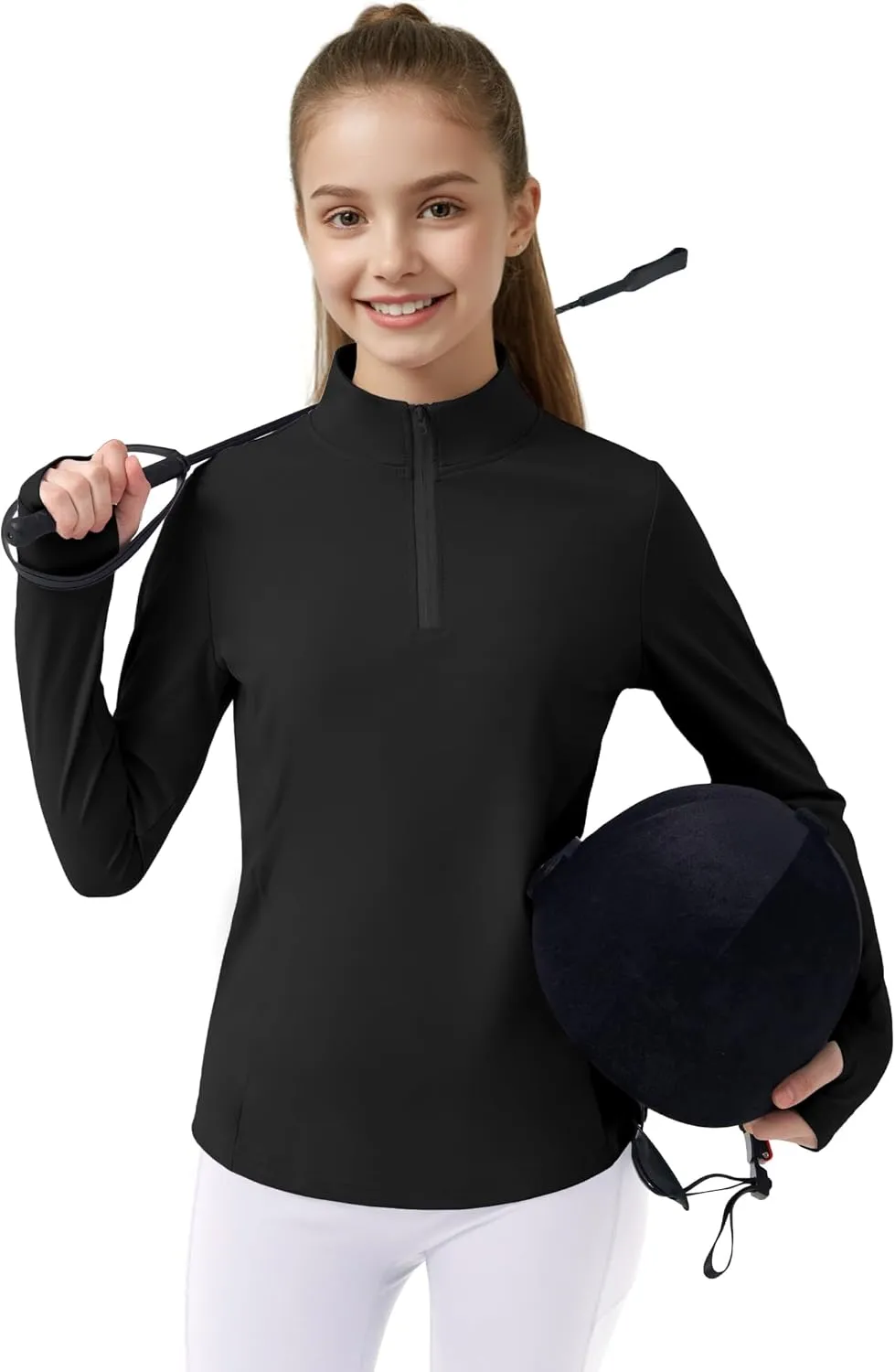 JOCMIC Girls Long Sleeve Shirts Athletic Equestrian Horse Riding Shirt with Pockets Thumhole Half Zip Workout Jacket for Golf
