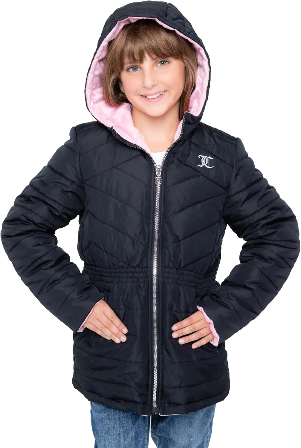 Juicy Couture Girls Reversable Coat, Faux Fur Hooded Winter Jacket, Warm Padded Parka Hoodie, Kids Heavyweight Winter Coat