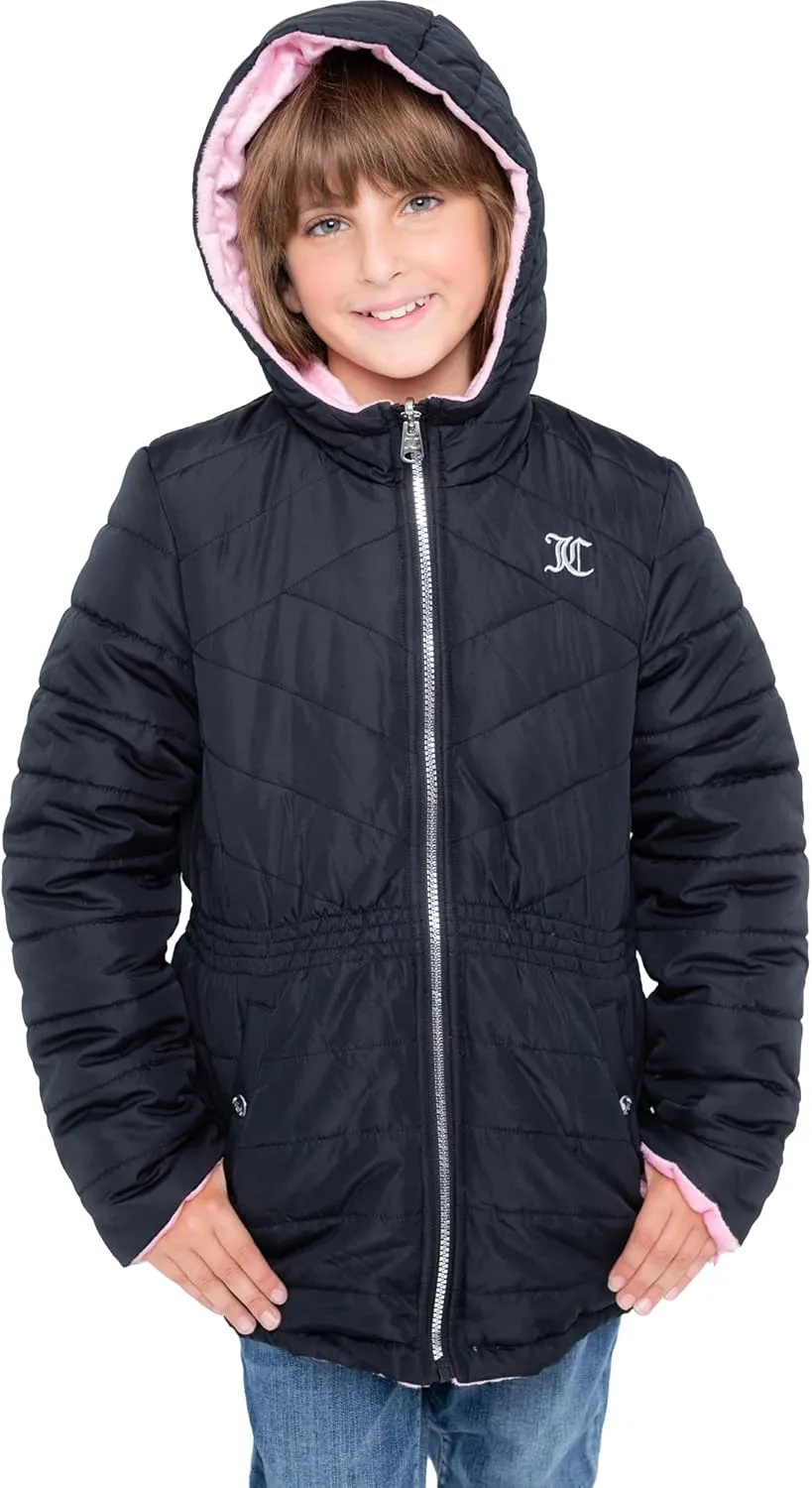 Juicy Couture Girls Reversable Coat, Faux Fur Hooded Winter Jacket, Warm Padded Parka Hoodie, Kids Heavyweight Winter Coat