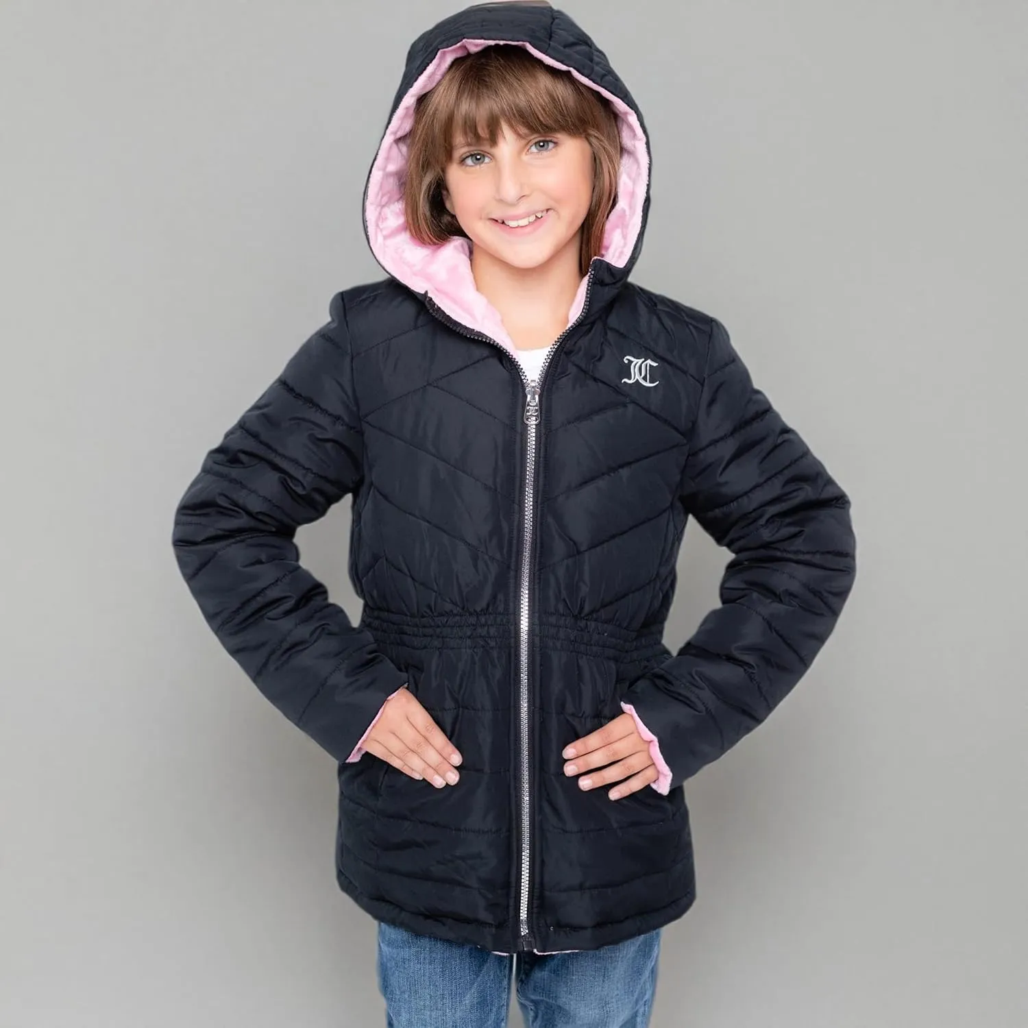 Juicy Couture Girls Reversable Coat, Faux Fur Hooded Winter Jacket, Warm Padded Parka Hoodie, Kids Heavyweight Winter Coat