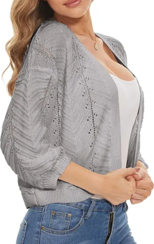Jumppmile Womens 3/4 Sleeve Soft Crochet Cardigan Batwing Open Front Shrugs Cropped Sweater