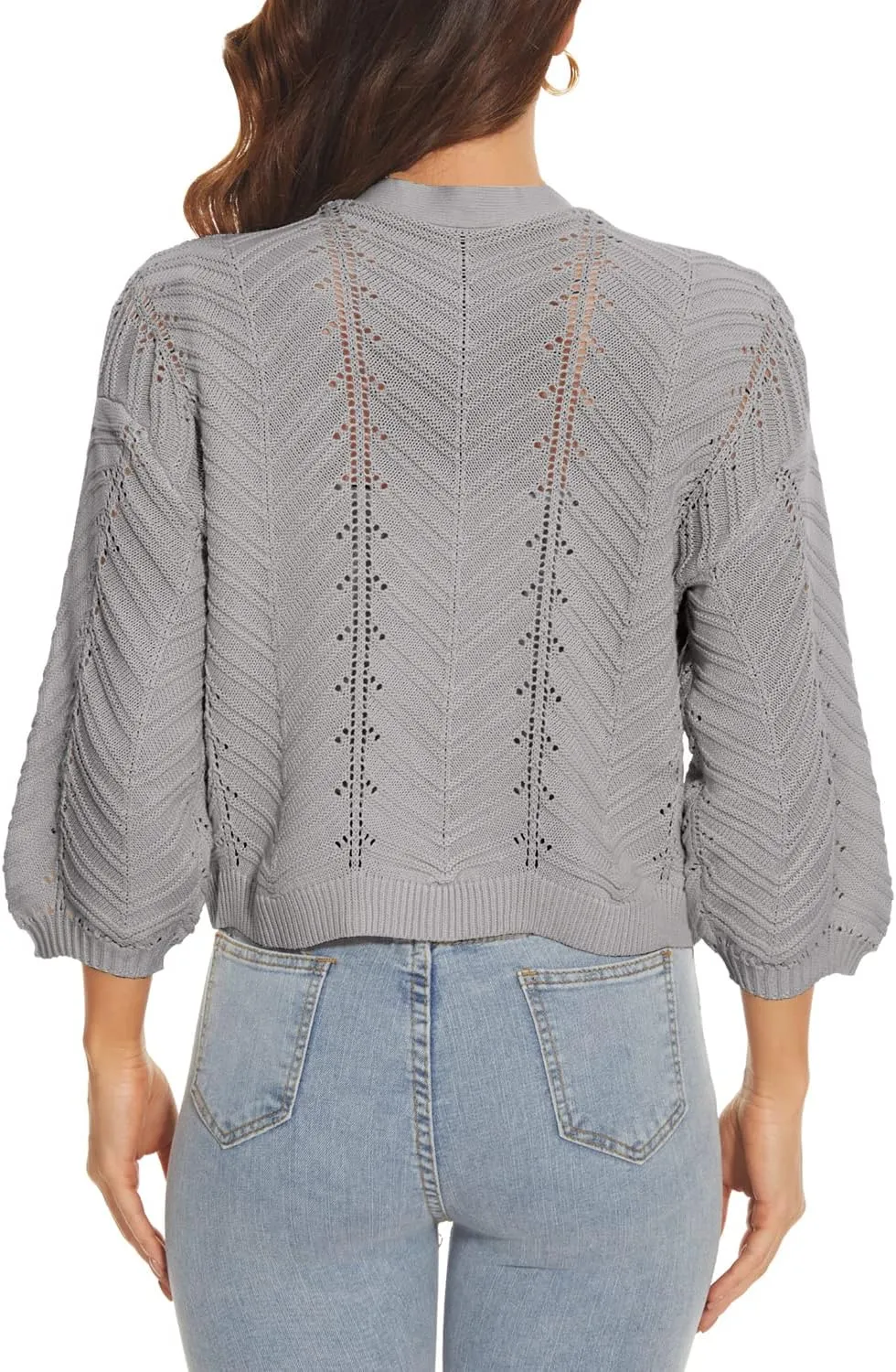Jumppmile Womens 3/4 Sleeve Soft Crochet Cardigan Batwing Open Front Shrugs Cropped Sweater