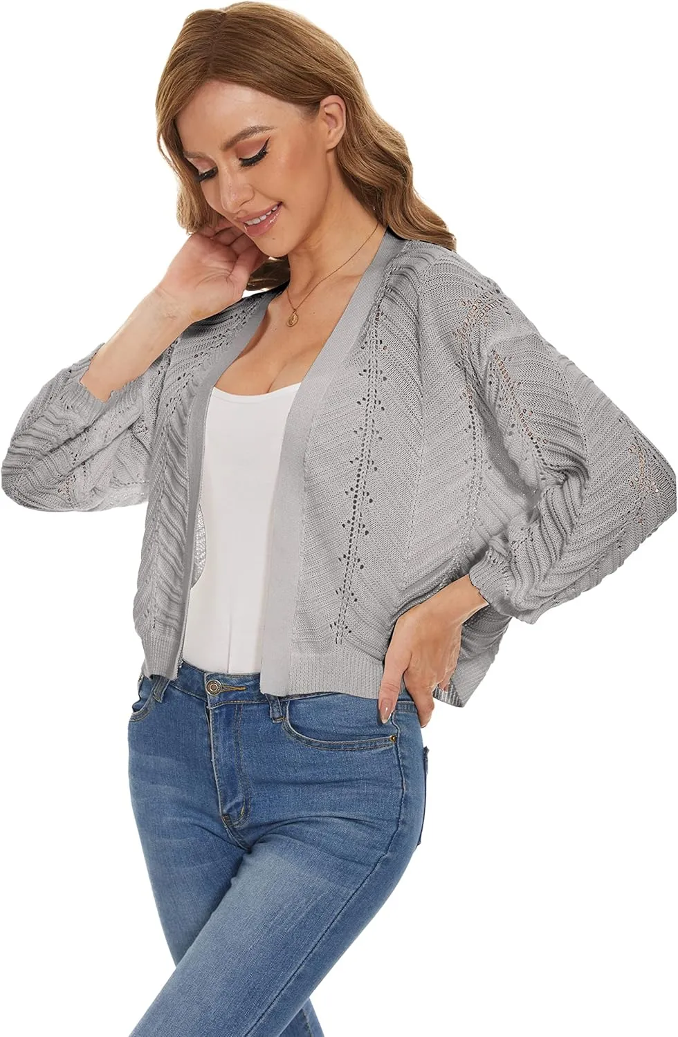 Jumppmile Womens 3/4 Sleeve Soft Crochet Cardigan Batwing Open Front Shrugs Cropped Sweater