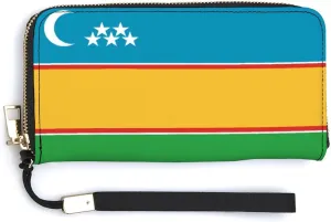 Karakalpakstan Flag Long Purse with Removable Wristlet Stylish PU Leather Zipper Wallet for Women Men