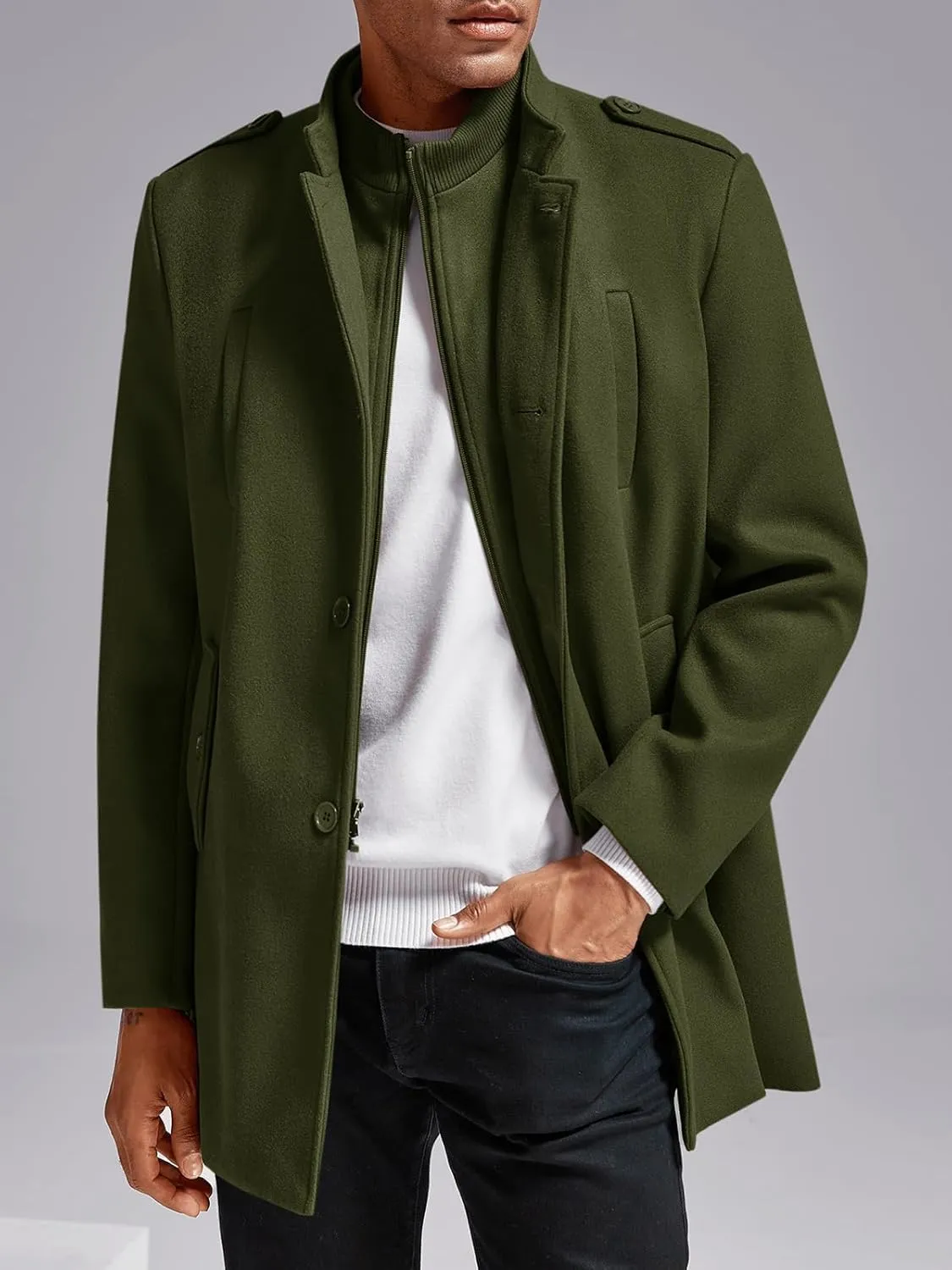Karlywindow Mens Trench Coat Long Sleeve Stand Collar Single Breasted Pea Coat Casual Mid Long Slim Fit Overcoat with Pockets