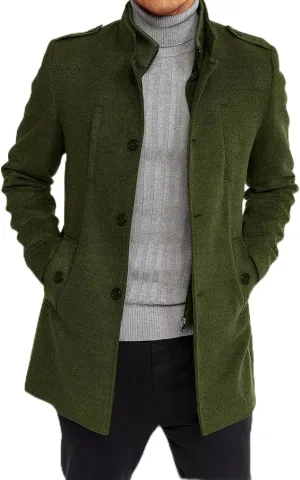 Karlywindow Mens Trench Coat Long Sleeve Stand Collar Single Breasted Pea Coat Casual Mid Long Slim Fit Overcoat with Pockets