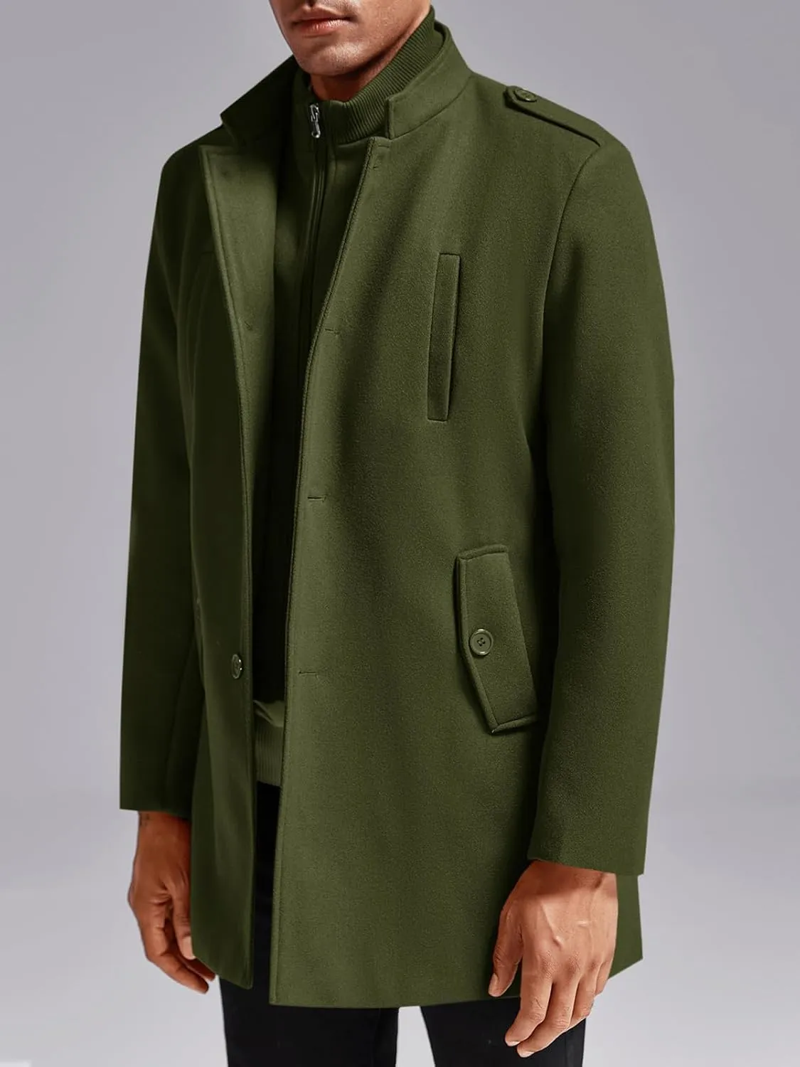 Karlywindow Mens Trench Coat Long Sleeve Stand Collar Single Breasted Pea Coat Casual Mid Long Slim Fit Overcoat with Pockets