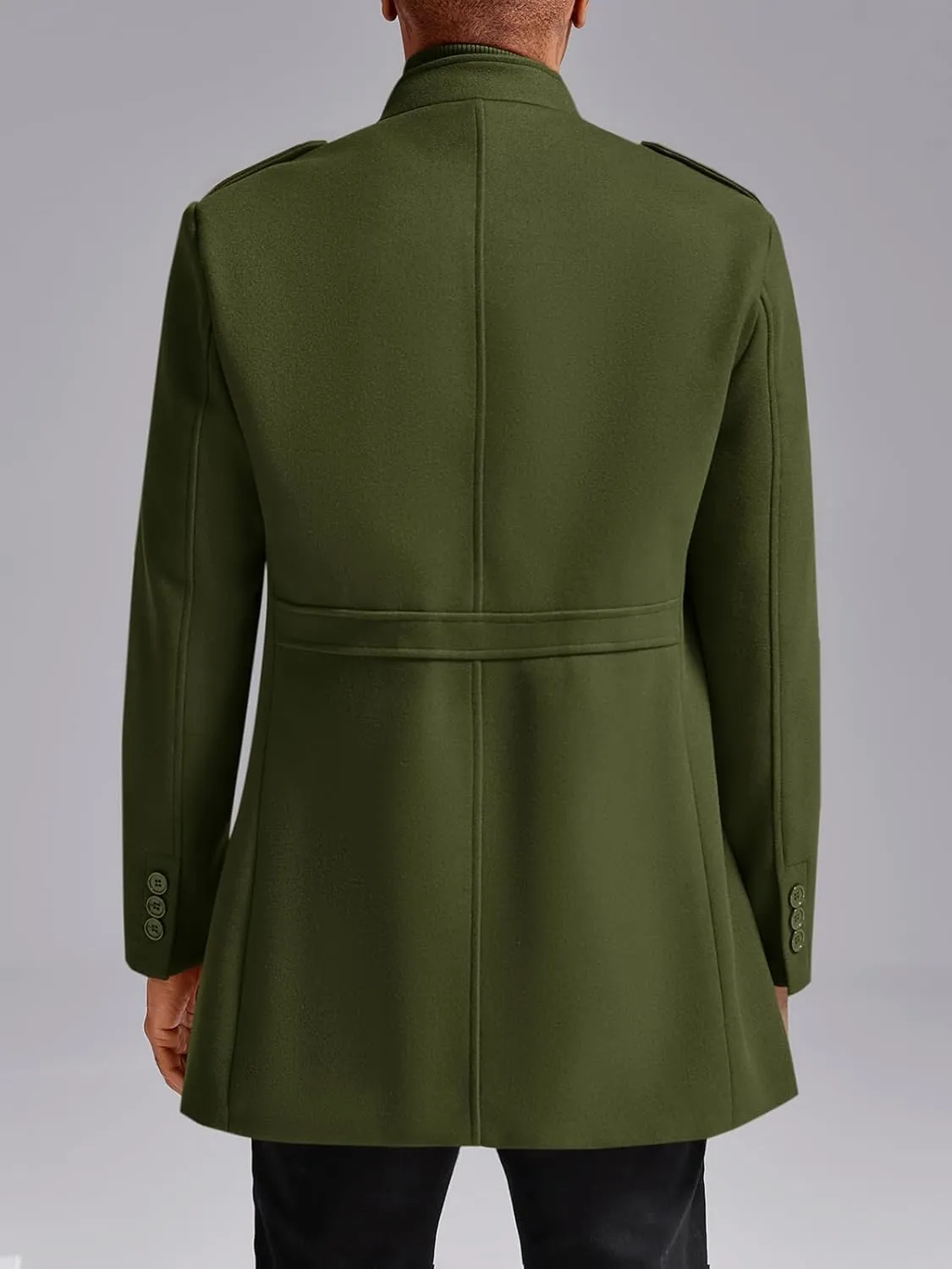 Karlywindow Mens Trench Coat Long Sleeve Stand Collar Single Breasted Pea Coat Casual Mid Long Slim Fit Overcoat with Pockets