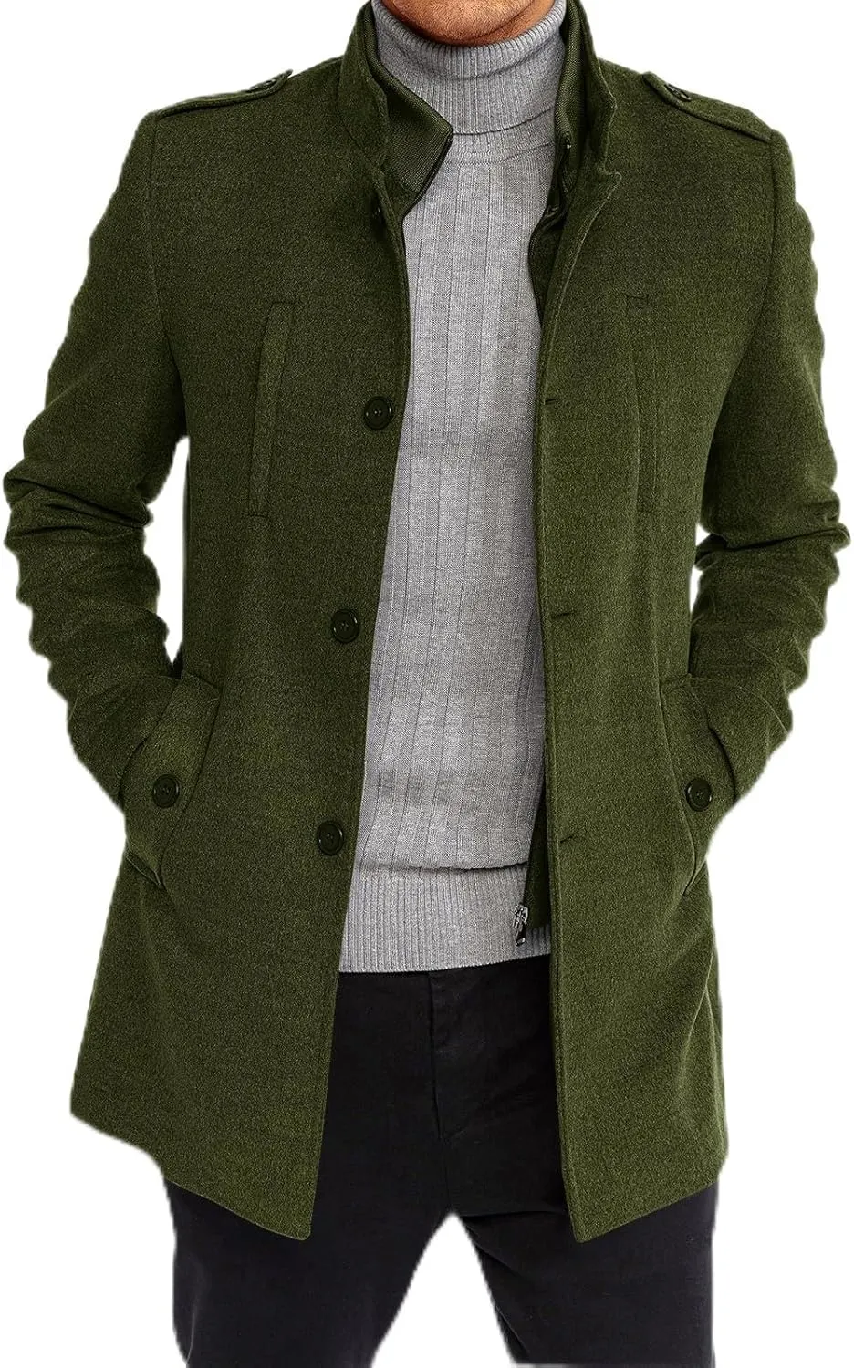 Karlywindow Mens Trench Coat Long Sleeve Stand Collar Single Breasted Pea Coat Casual Mid Long Slim Fit Overcoat with Pockets