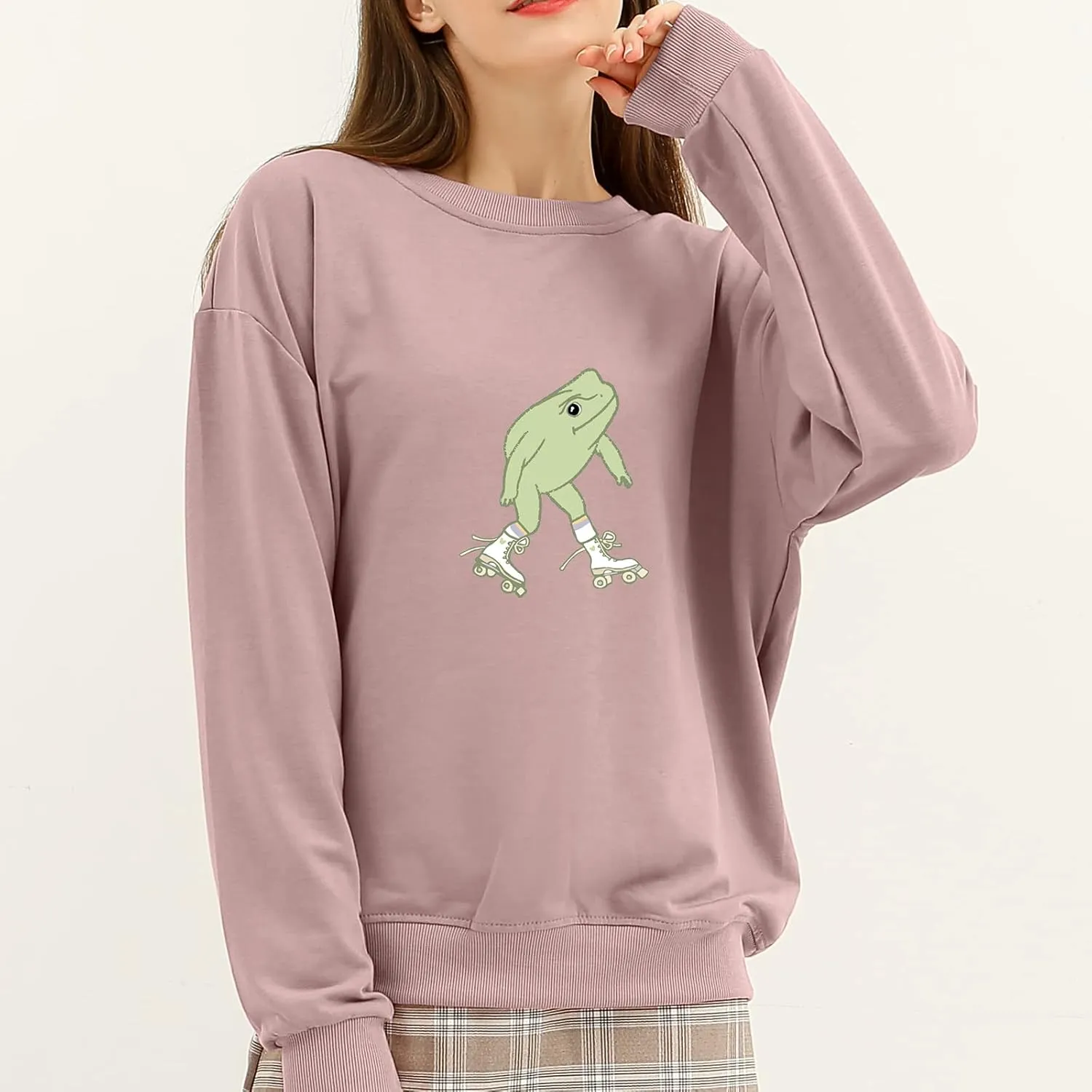 KEEVICI Cute Frog Sweatshirt for Teen Girls Kawaii Hoodie Oversized Aesthetic Animal Print Sweaters Baggy Crewneck Pullover