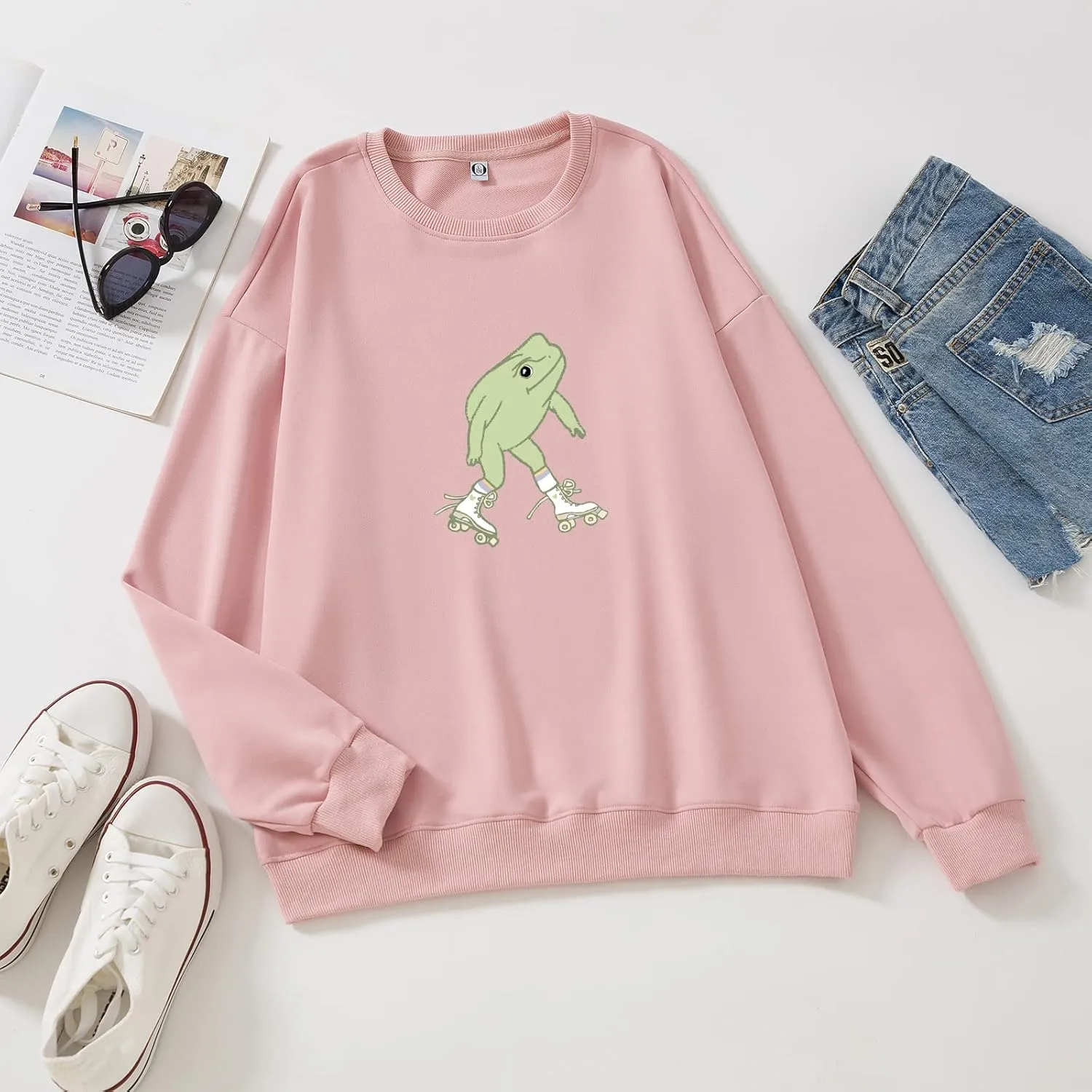 KEEVICI Cute Frog Sweatshirt for Teen Girls Kawaii Hoodie Oversized Aesthetic Animal Print Sweaters Baggy Crewneck Pullover