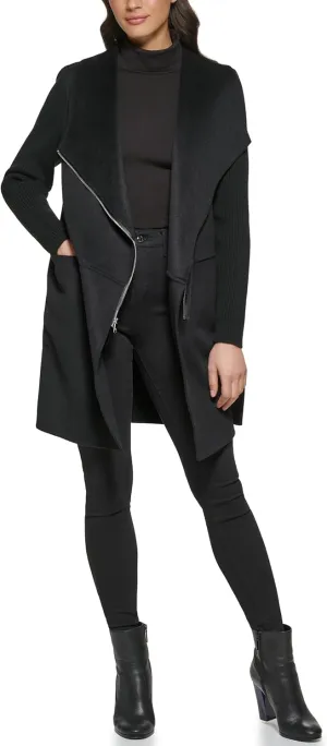 Kenneth Cole Women's Asymmetrical Zip Front Double Face Wool with Rib Knit Sleeve Coat