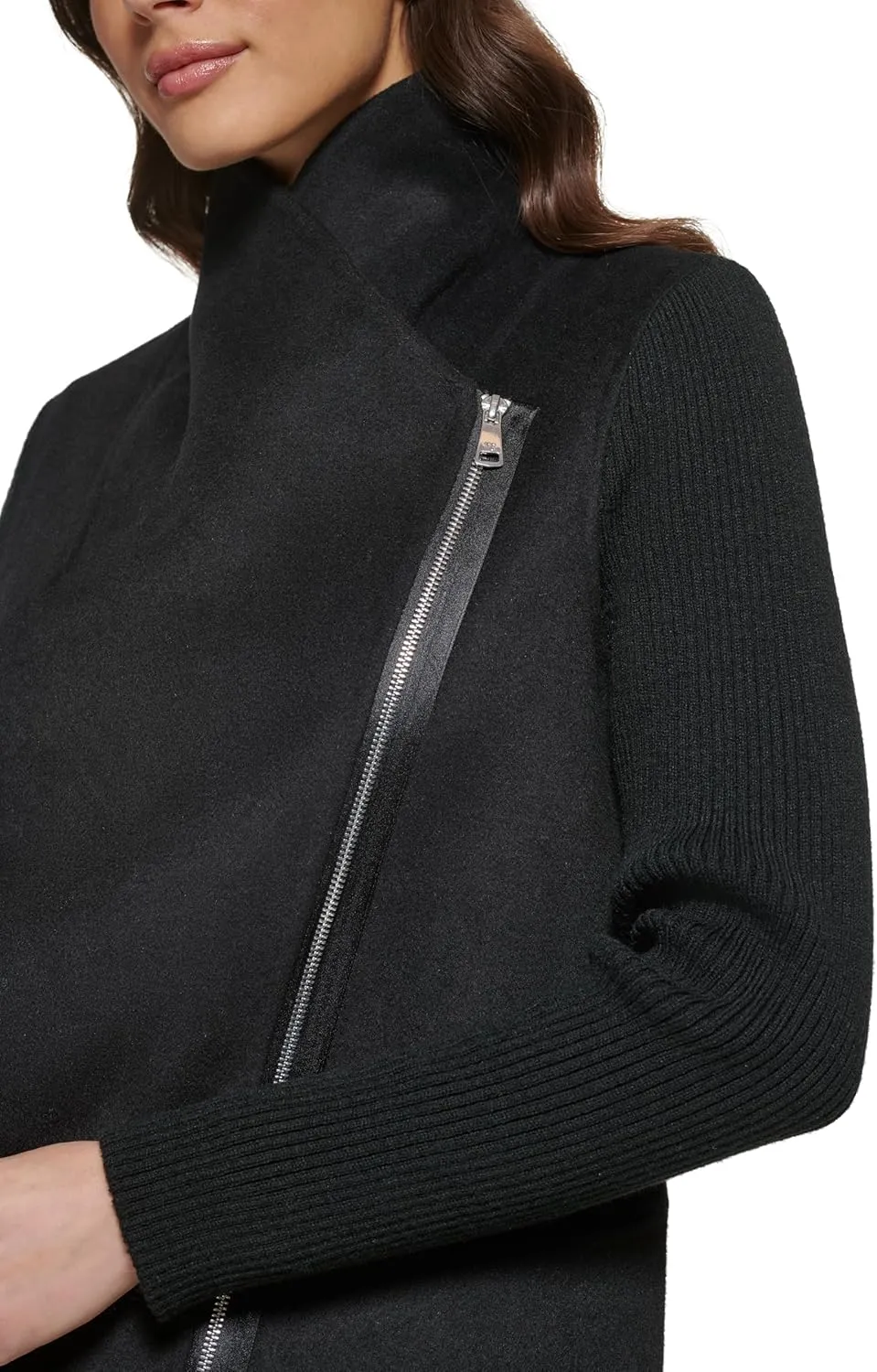 Kenneth Cole Women's Asymmetrical Zip Front Double Face Wool with Rib Knit Sleeve Coat