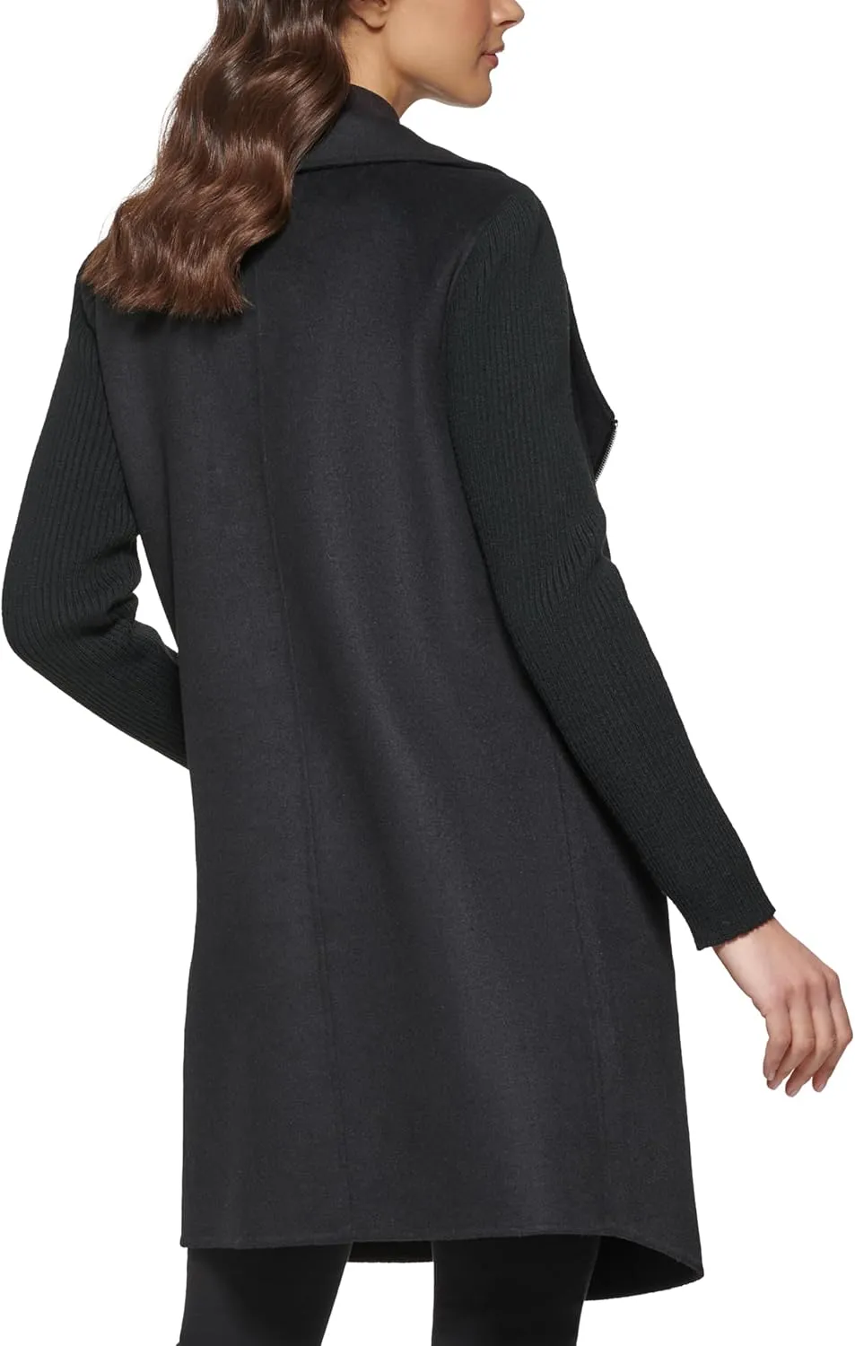 Kenneth Cole Women's Asymmetrical Zip Front Double Face Wool with Rib Knit Sleeve Coat