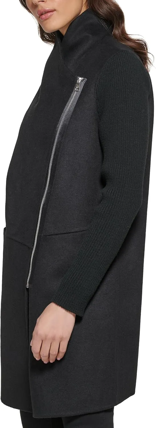 Kenneth Cole Women's Asymmetrical Zip Front Double Face Wool with Rib Knit Sleeve Coat
