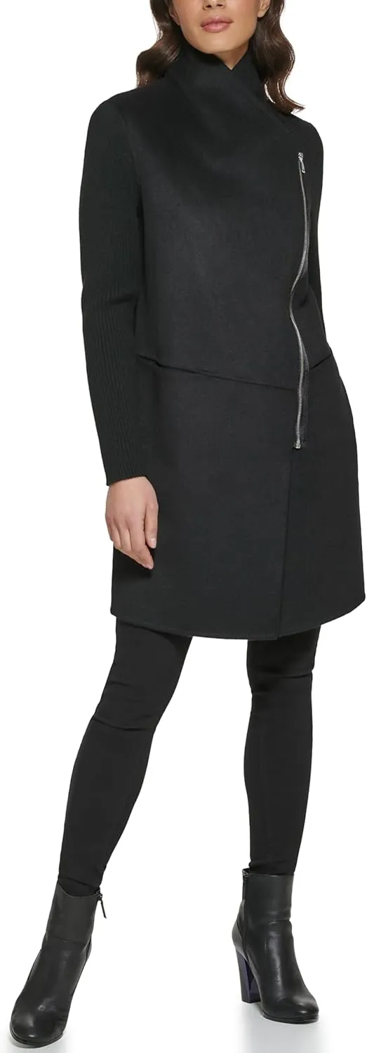 Kenneth Cole Women's Asymmetrical Zip Front Double Face Wool with Rib Knit Sleeve Coat