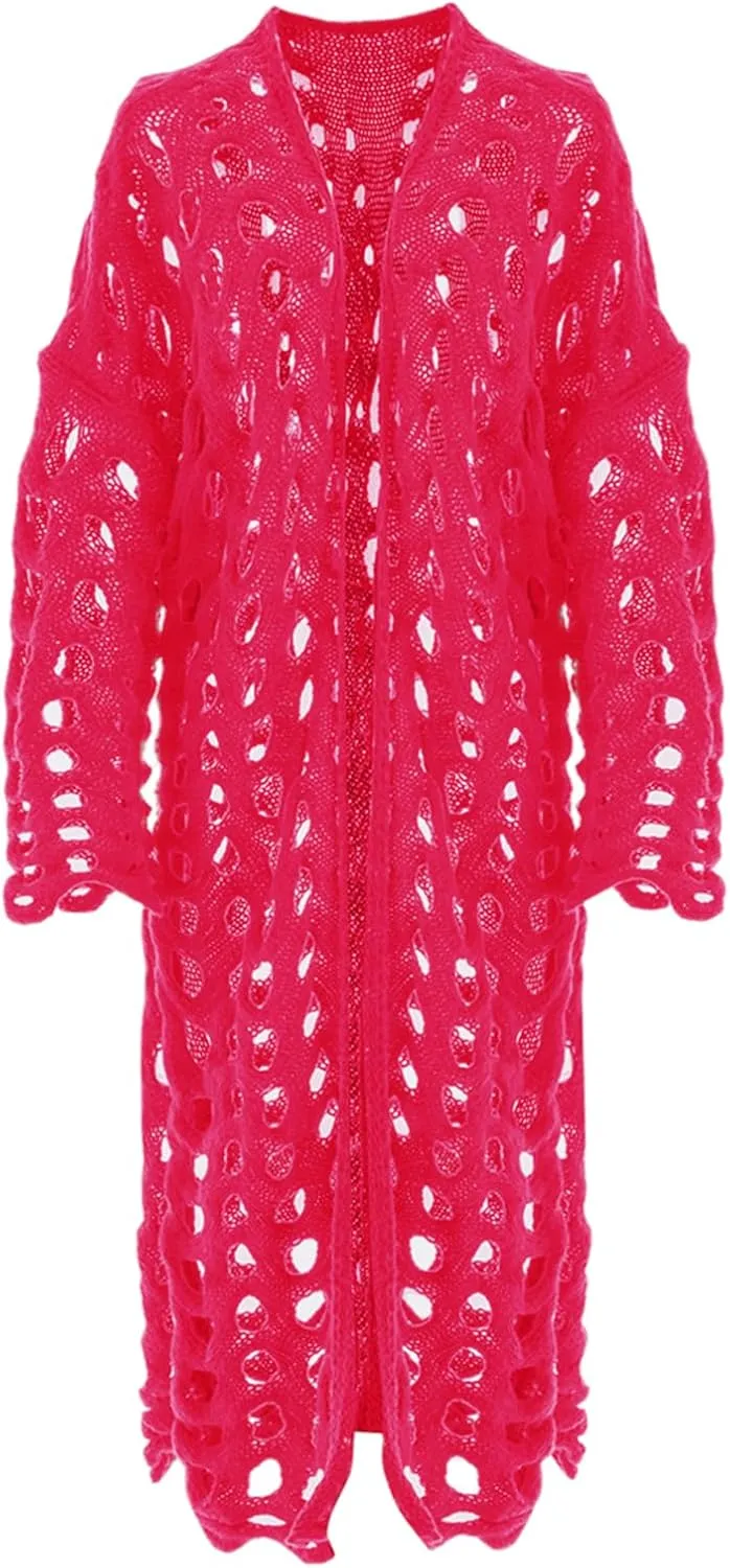 KEOMUD Women's Crochet Long Cardigan Casual Long Sleeve Loose Hollow Out Knit Open Front Sweater
