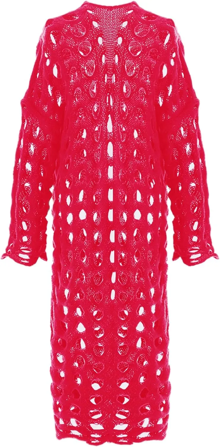 KEOMUD Women's Crochet Long Cardigan Casual Long Sleeve Loose Hollow Out Knit Open Front Sweater