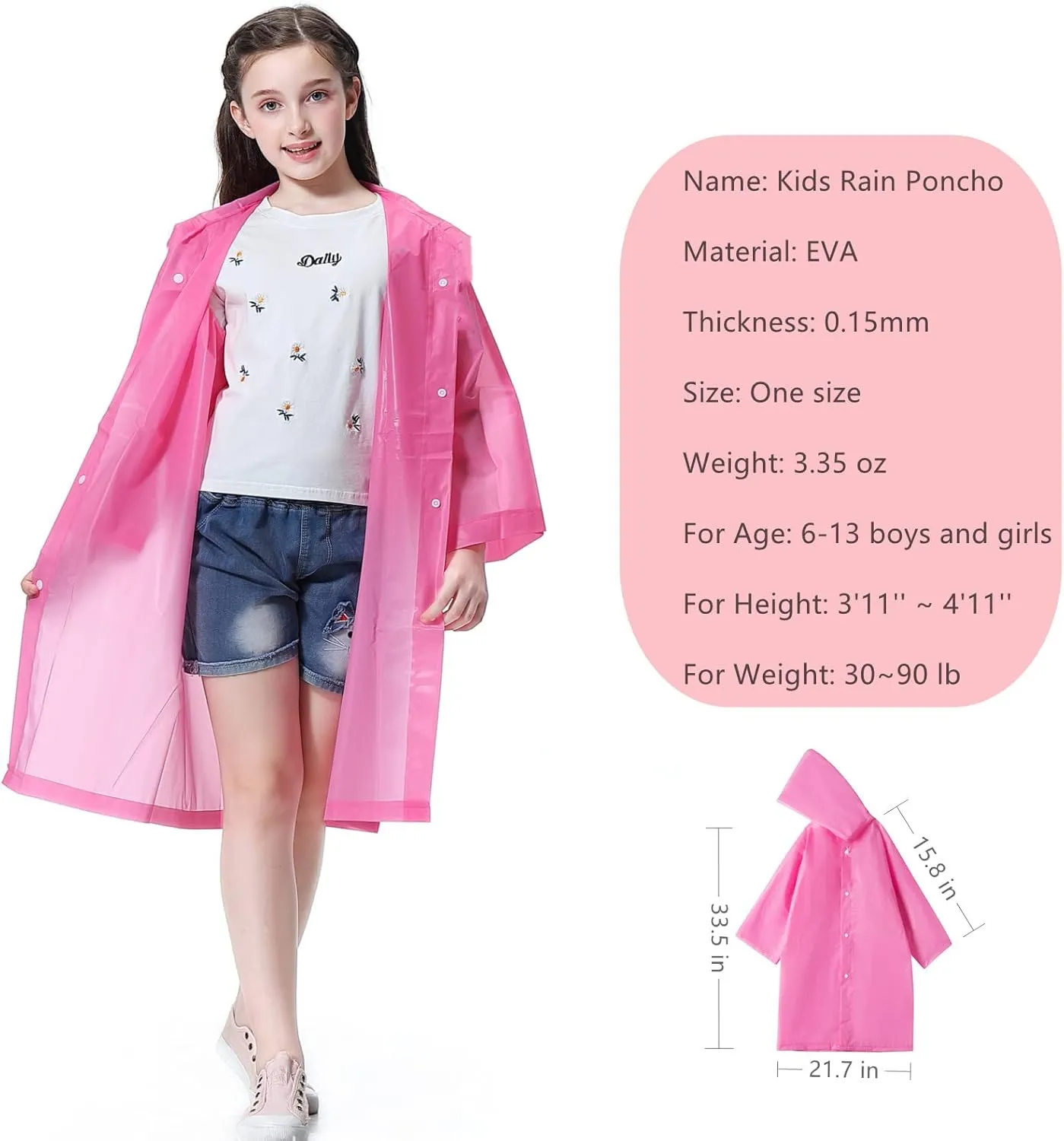 Kids Rain Poncho 2 Pack, Reusable Raincoat Rain Jackets for 6-14 Girls Boys