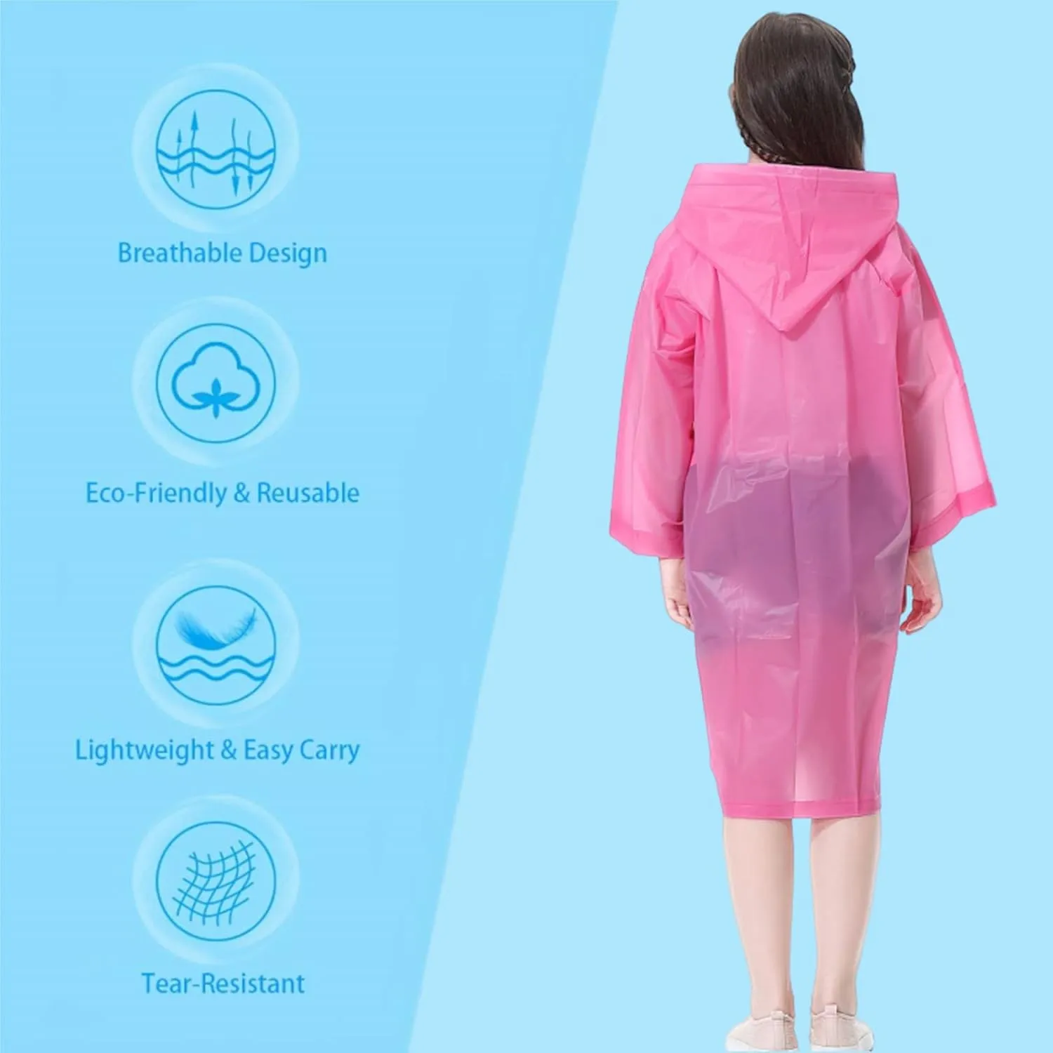 Kids Rain Poncho 2 Pack, Reusable Raincoat Rain Jackets for 6-14 Girls Boys